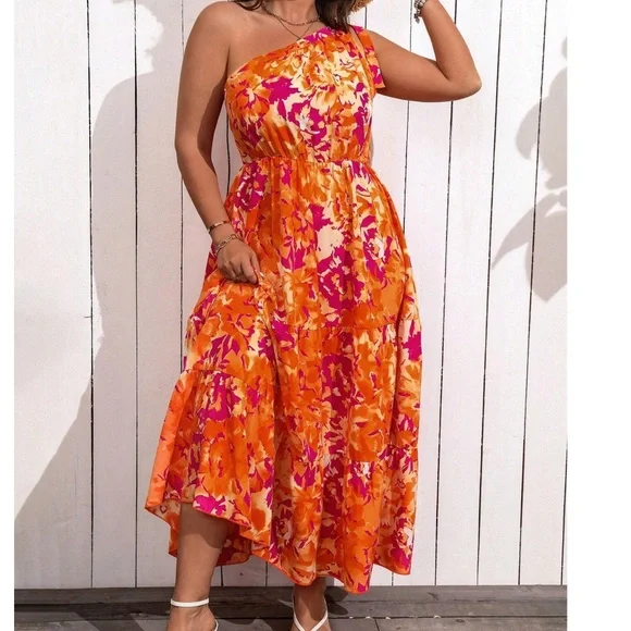 Plus Floral Print One Shoulder Cottagecore Maxi Dress - Picture 3 of 5